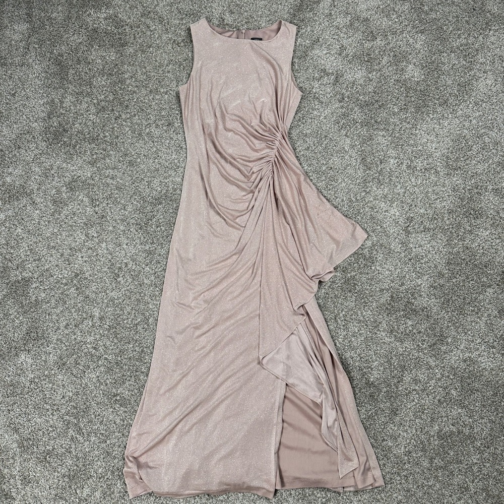 Vince Camuto Maxi Dress Womens 12 VC0-1058 Pink Shimmer Ruched Slit Gown